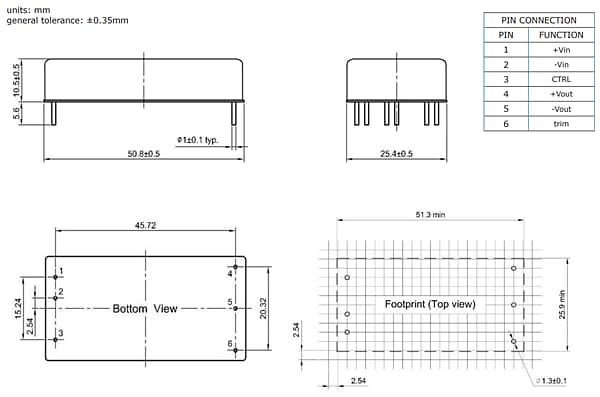Plan mécanique - CUI Inc Convertisseurs CC-CC PRC60W
