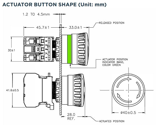 Graphique - TE Connectivity / Alcoswitch Interrupteurs PBES22 à arrêt d’urgence 22mm à bouton-poussoir
