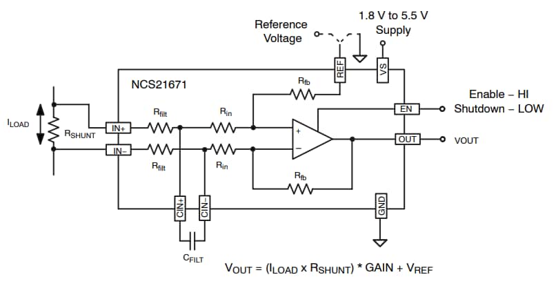Schéma du circuit d'application - onsemi Amplificateurs de détection de courant NCS21671