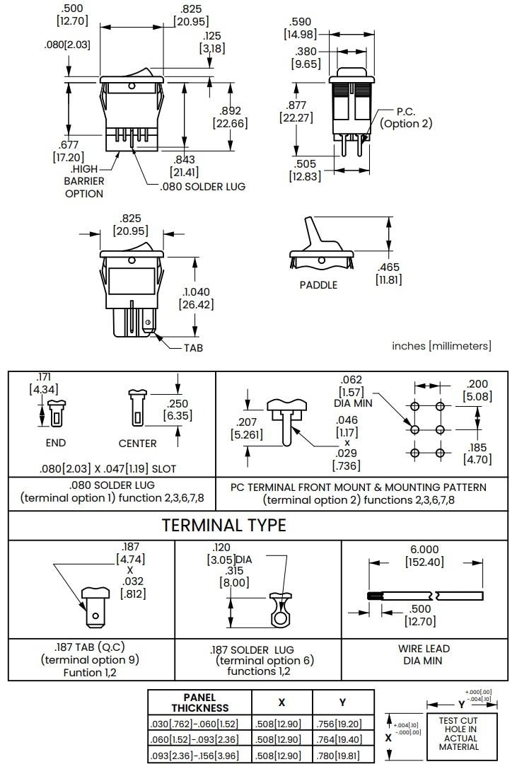 Plan mécanique - Carling Technologies 611/621-Series interrupteurs à bascule