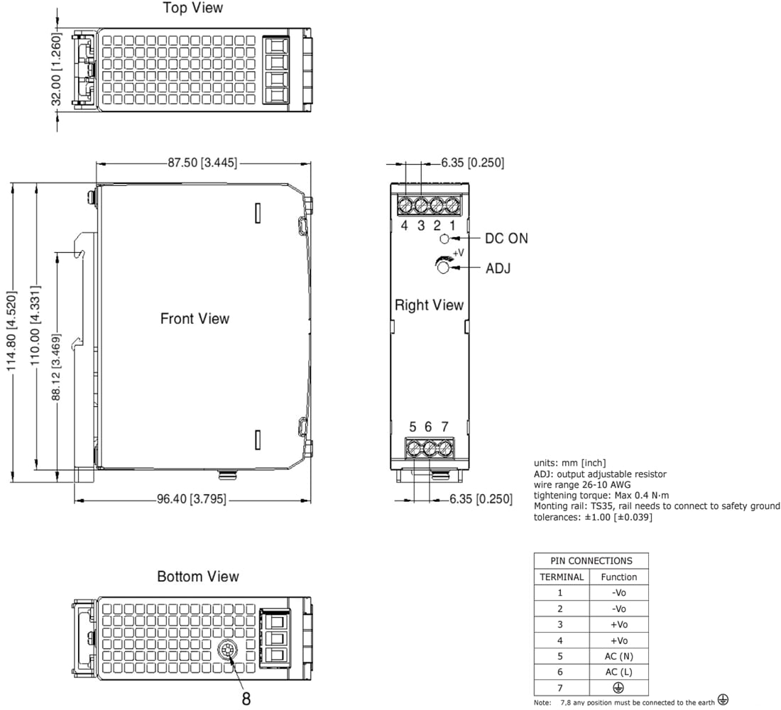 Plan mécanique - CUI Inc Alimentations électriques CA-CC sur rail DIN PDRD-75