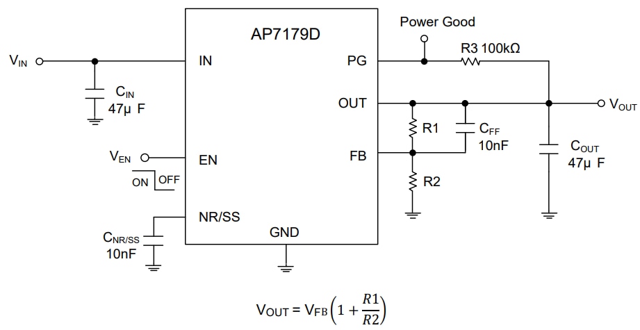 Schéma du circuit d'application - Diodes Incorporated Régulateurs de tension LDO AP7179D