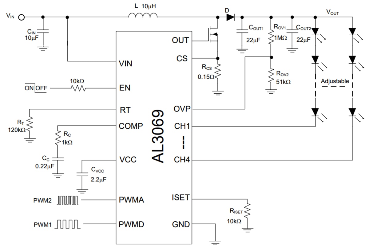 Schéma du circuit d'application - Diodes Incorporated Contrôleur boost à quatre canaux AL3069