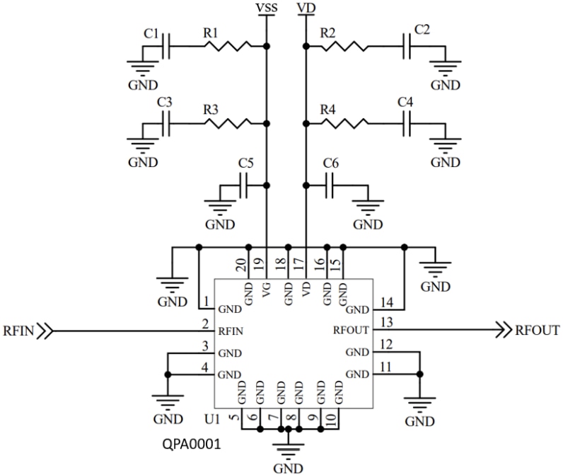 Schéma du circuit d'application - Qorvo Amplificateurs de pilote GaN QPA0001