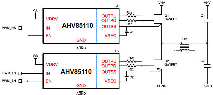 Schéma du circuit d'application - Allegro MicroSystems Pilotes de grille GaNFET isolés AHV85110