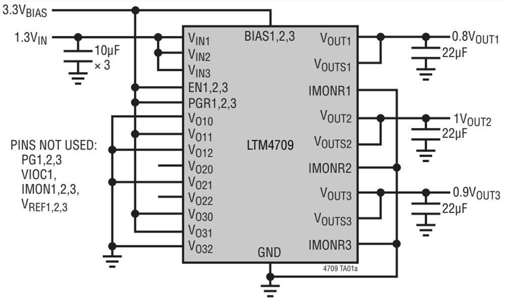 Schéma du circuit d'application - Analog Devices Inc. Régulateurs linéaires pour module LTM®4709