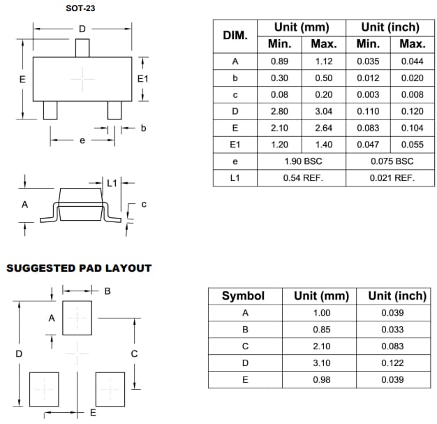 Mechanical Drawing - Taiwan Semiconductor MMBT3906 PNP Bipolar Transistor