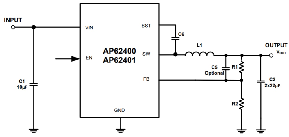 Schéma du circuit d'application - Diodes Incorporated Convertisseurs AP62400 Buck synchrones et AP62401