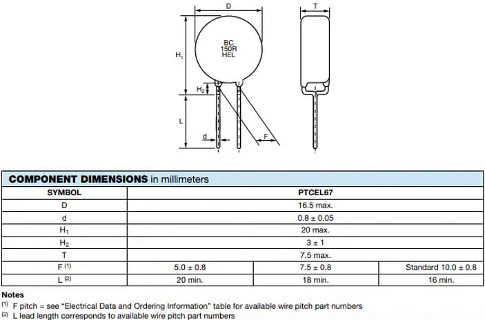 Plan mécanique - Vishay / BC Components Thermistances CTP haute énergie PTCEL67