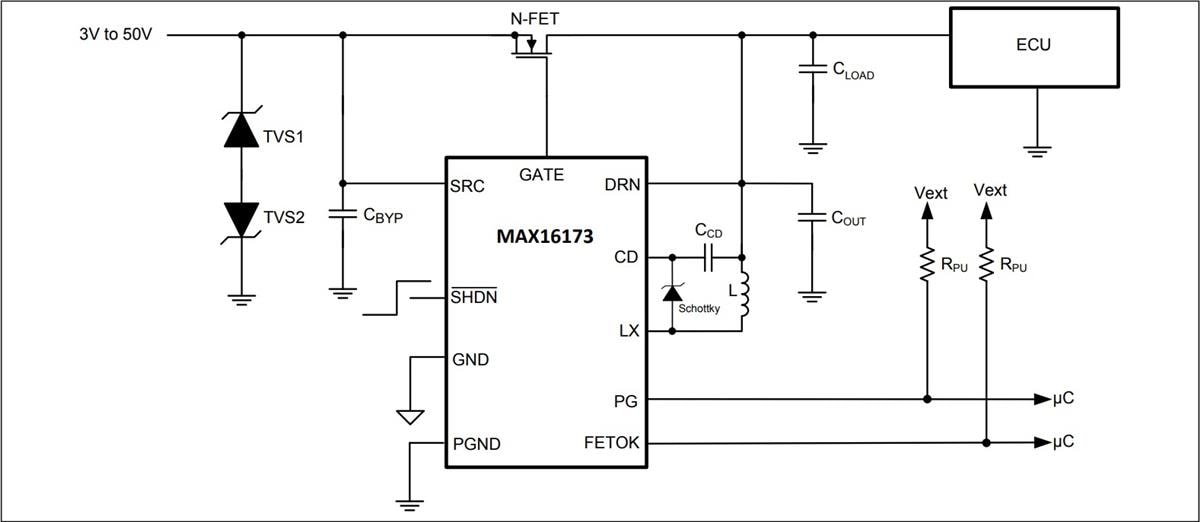 Schéma du circuit d'application - Analog Devices / Maxim Integrated Contrôleurs de diode idéale MAX16173