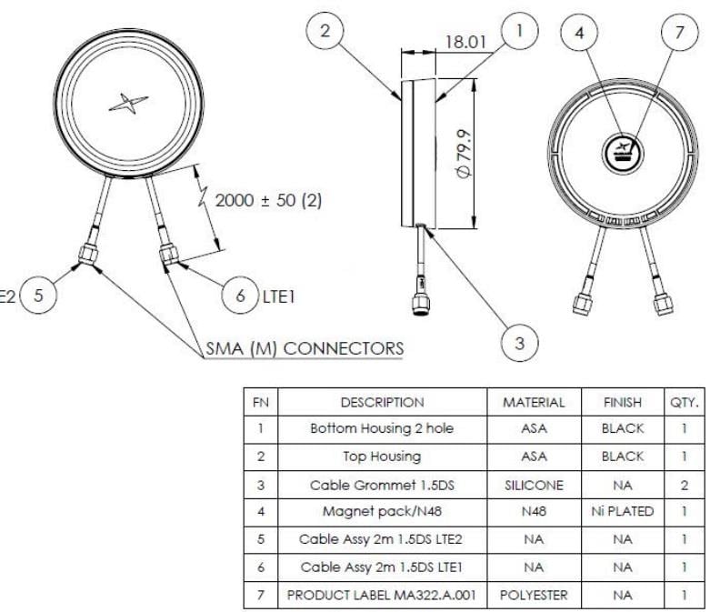 Plan mécanique - Taoglas MA322.Antenne MIMO 5 G/4 G Comet A.001