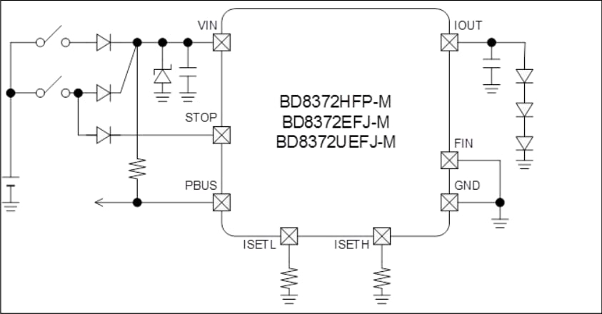 Schéma du circuit d'application - ROHM Semiconductor Pilote de source monocanal BD8372UEFJ-M pour l'automobile
