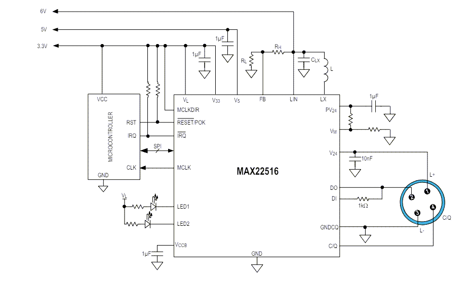 Schéma du circuit d'application - Analog Devices Inc. Contrôleurs de liaison de données IO-Link MAX22516