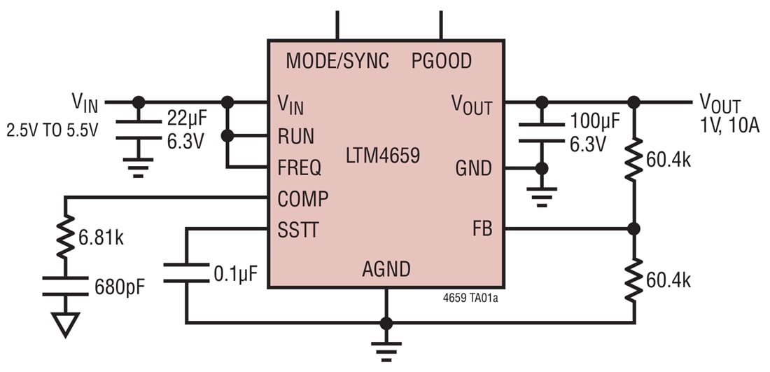 Schéma du circuit d'application - Analog Devices Inc. Régulateur LTM4659 μModule abaisseur CC-CC ® 10 A