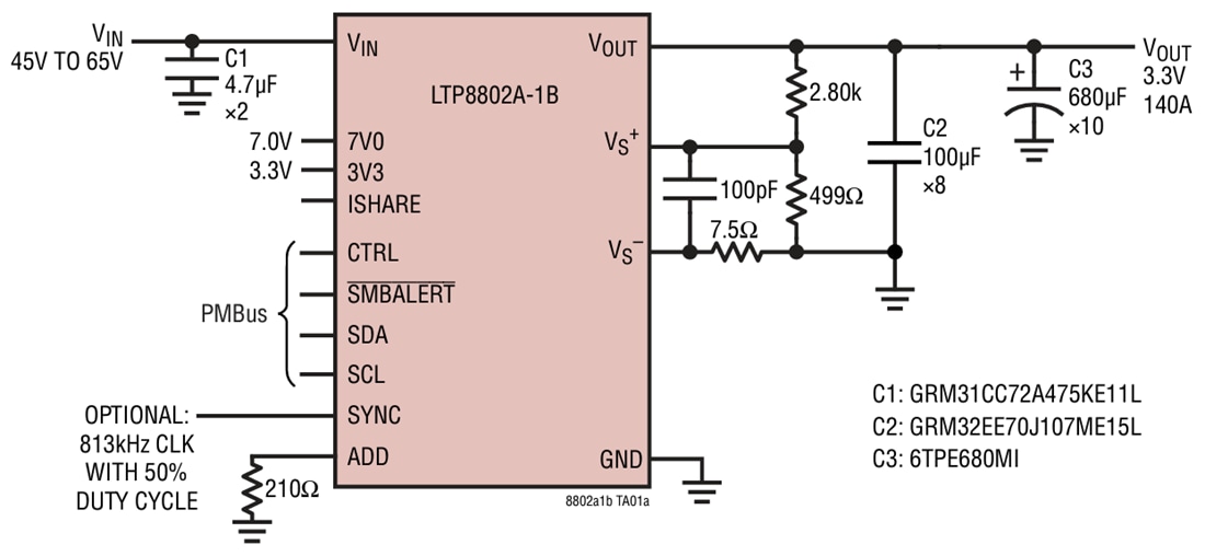 Schéma du circuit d'application - Analog Devices Inc. Régulateur LTP8802A-1B μModule CC-CC 54 V 140 A