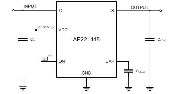 Schéma du circuit d'application - Diodes Incorporated Commutateur de charge de 2,5 A AP221448x 