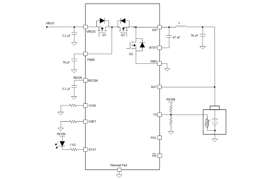 Schéma du circuit d'application - Texas Instruments bq25308 Chargeur autonome de batteries monocellulaires
