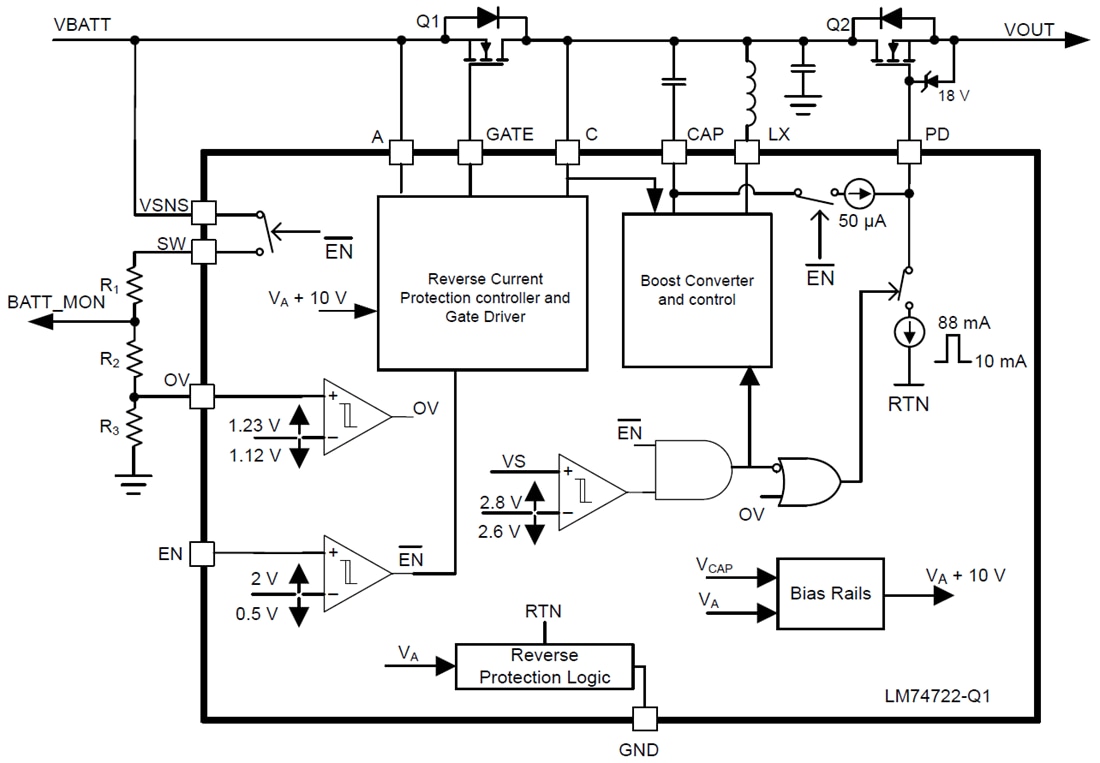 Schéma de principe - Texas Instruments Contrôleur de diode idéal LM74722-Q1