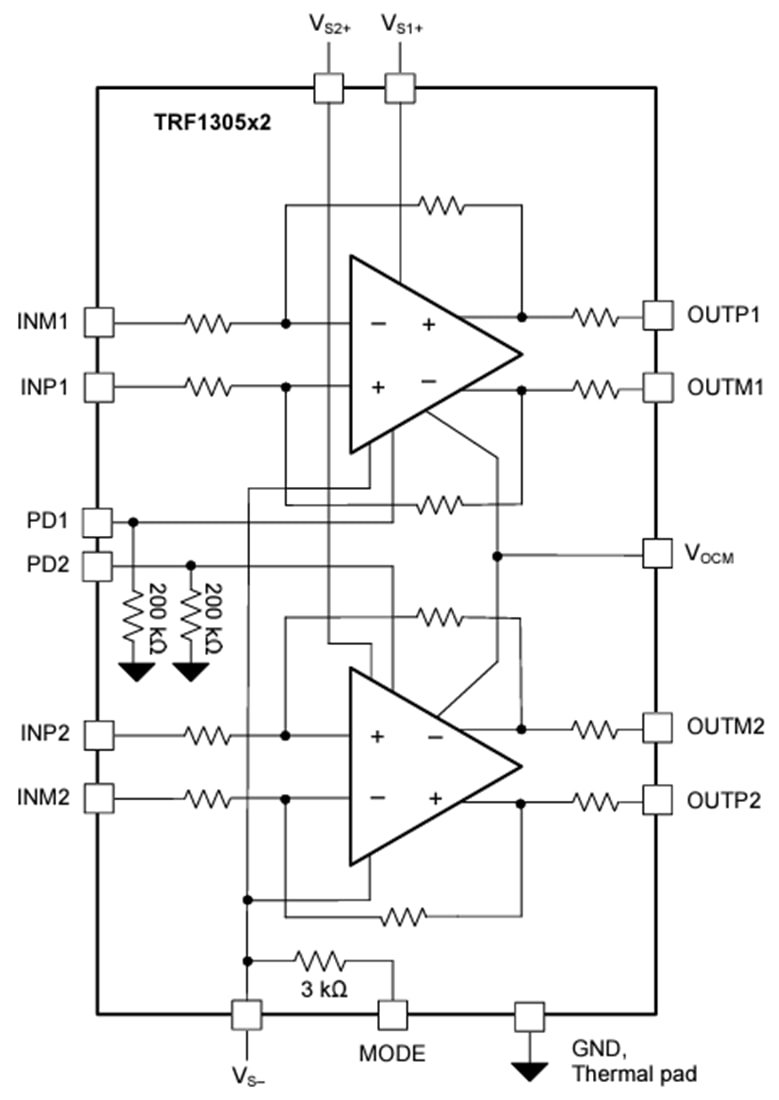 Schéma de principe - Texas Instruments Amplificateur entièrement différentiel à deux canaux TRF1305 