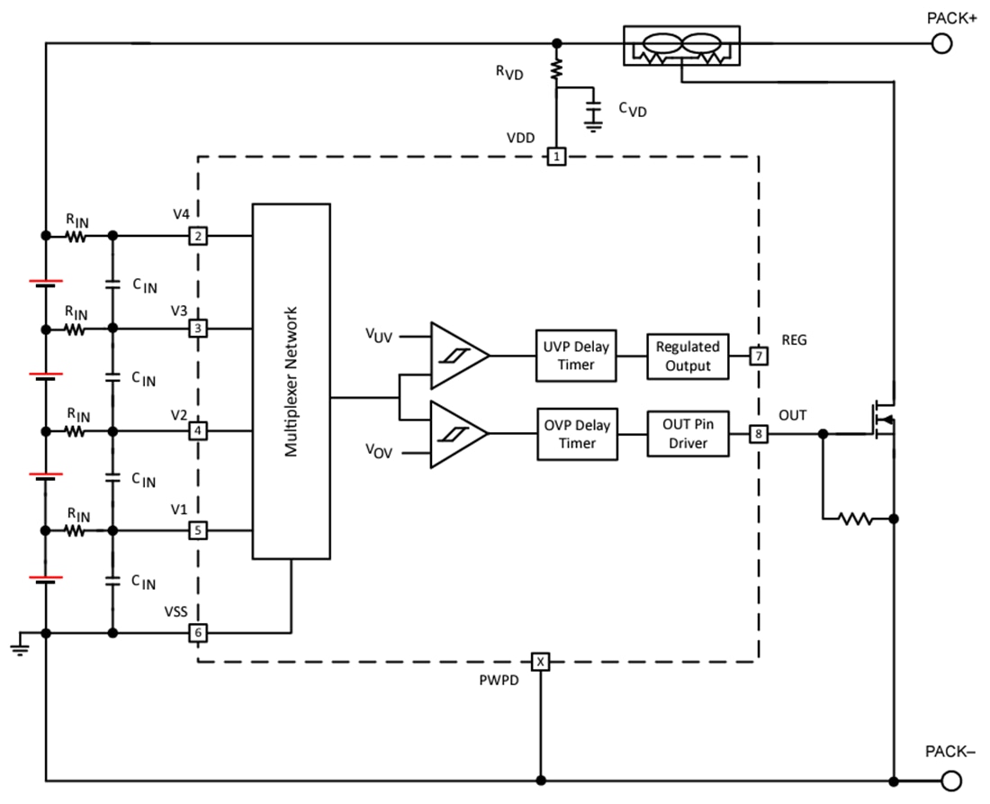 Schéma de principe - Texas Instruments Protecteur de surtension bq2969