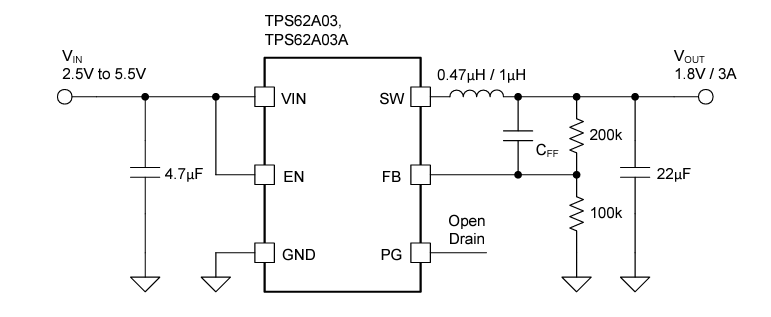Schéma du circuit d'application - Texas Instruments Convertisseurs Buck TPS62A03x