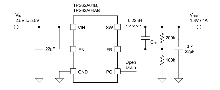Schéma du circuit d'application - Texas Instruments Convertisseurs Buck TPS62A04xB
