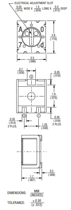 Plan mécanique - Bourns Potentiomètres ajustables Trimpot® 3312