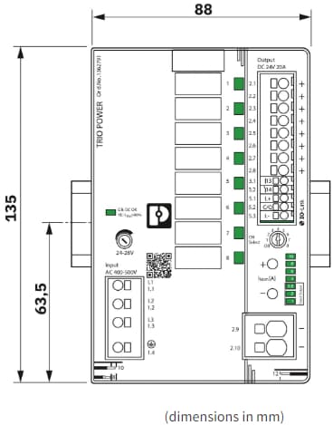 Plan mécanique - Phoenix Contact Alimentations électriques TRIO 3 monophasées et triphasées et revêtues