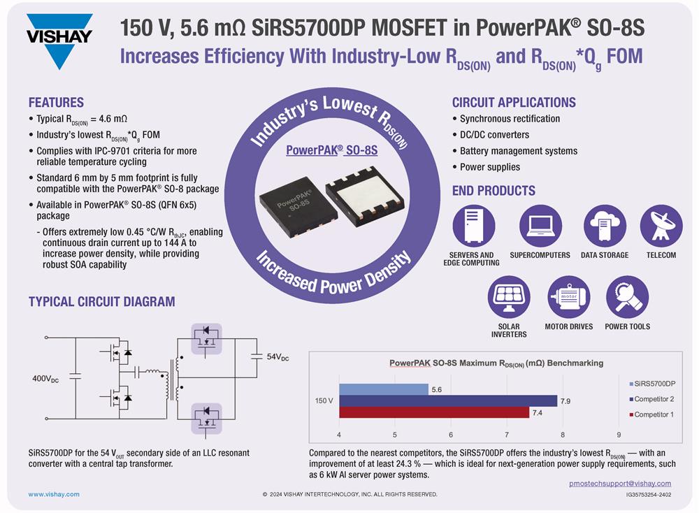 Vishay MOSFET 150 V (D-S) à canal N SiRS5700DP
