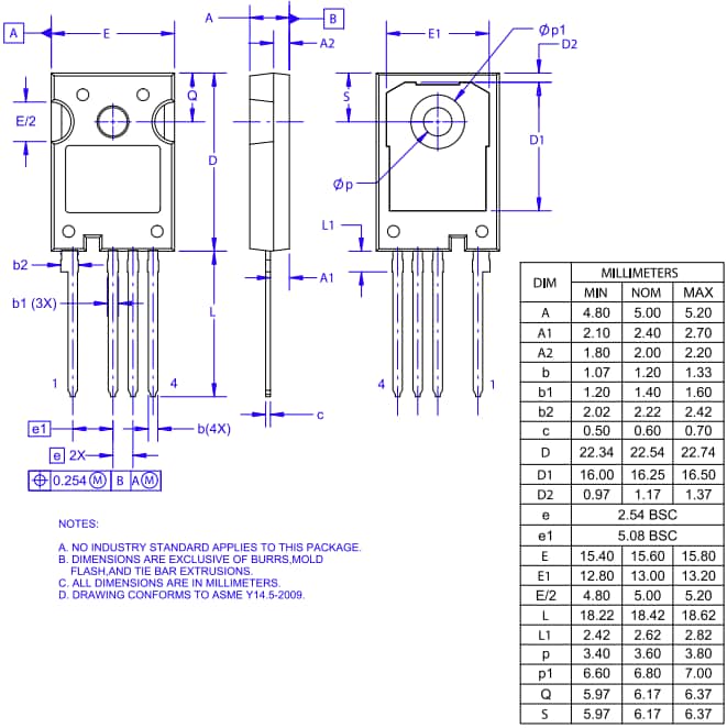 Plan mécanique - onsemi MOSFET SiC à canal N NTH4L018N075SC1