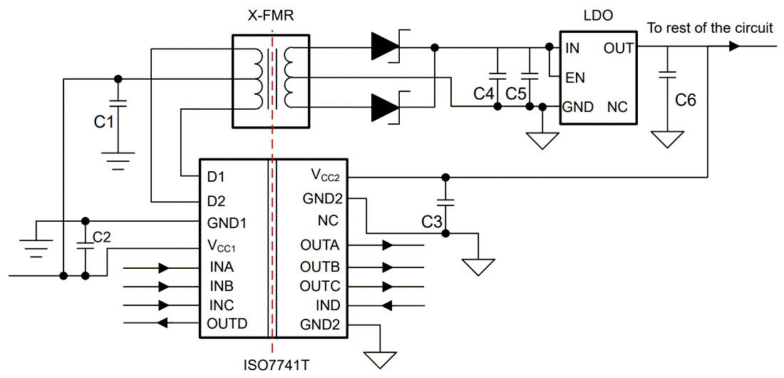 Schéma - Texas Instruments Isolateur numérique renforcé à 4 canaux ISO7741Tx-Q1
