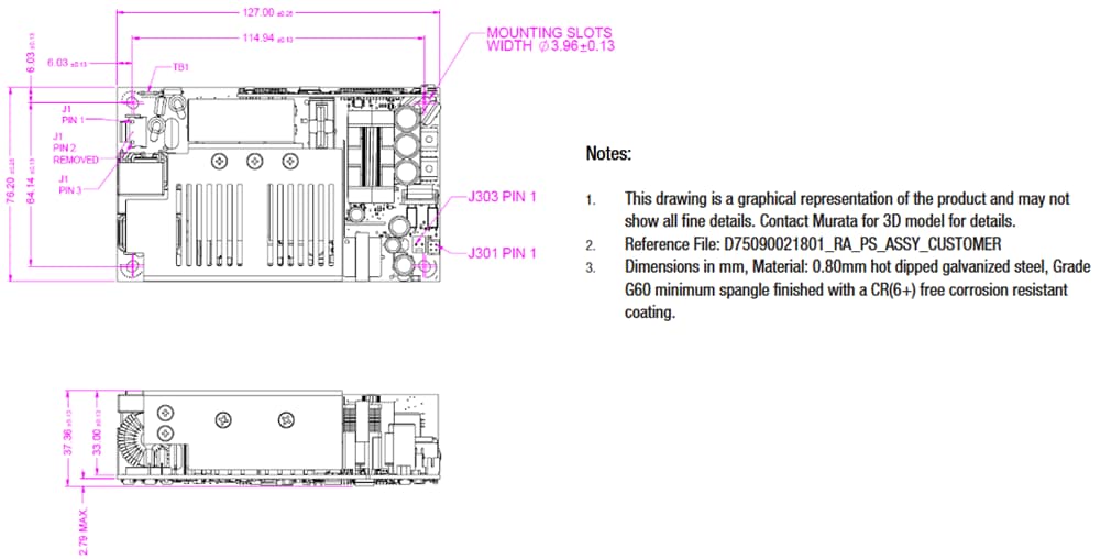 Plan mécanique - Murata Alimentations électriques à cadre ouvert PQC600 600 W
