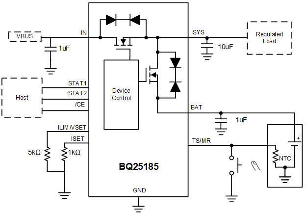Schéma du circuit d'application - Texas Instruments Circuit intégré de chargeur de batterie linéaire BQ25185