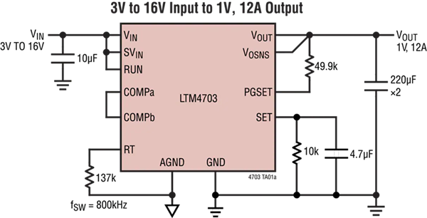 Schéma du circuit d'application - Analog Devices Inc. LTM4703 12 A 3 μModules® abaisseur Silent Switcher 3