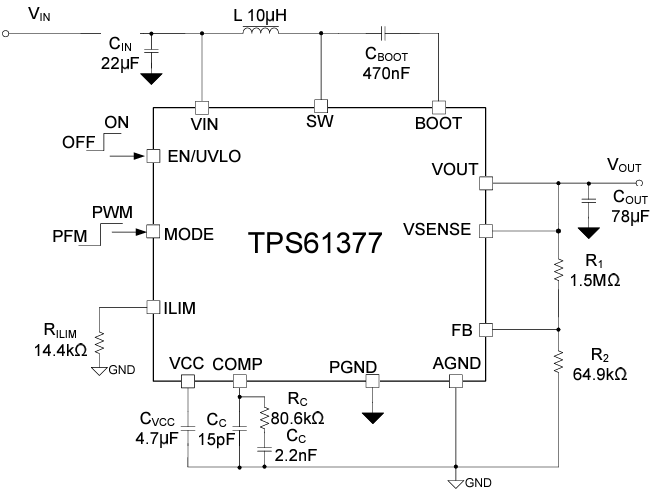Schéma du circuit d'application - Texas Instruments Convertisseurs Boost synchrones TPS61377