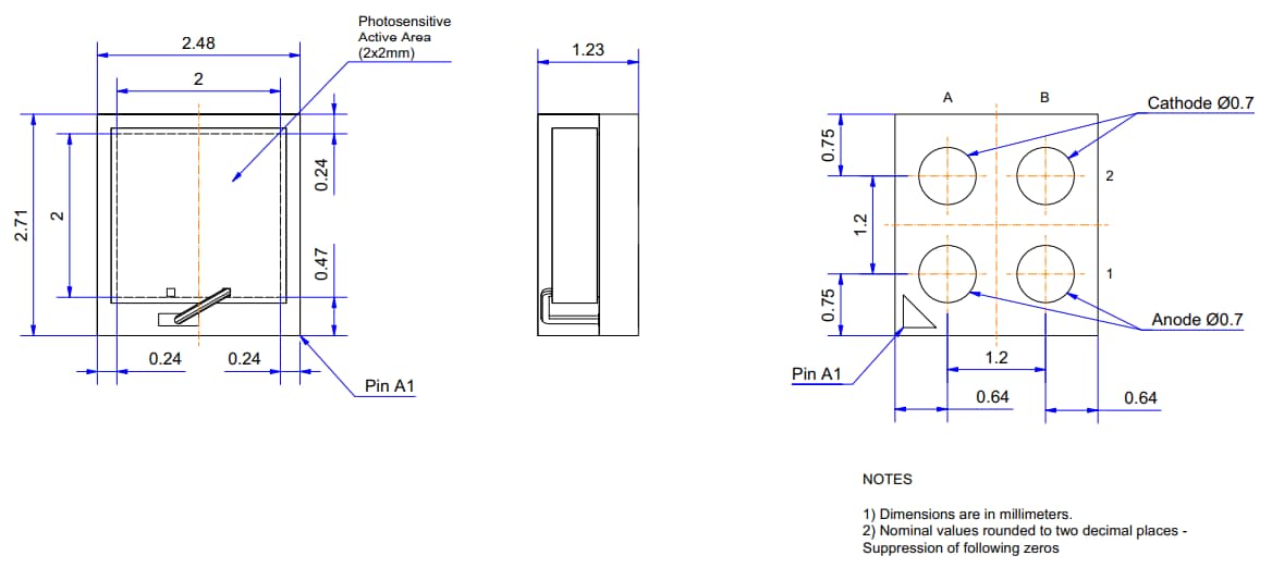Plan mécanique - Broadcom Réseau de photomultiplicateurs NUV-MT AFBR-S4N22P014M