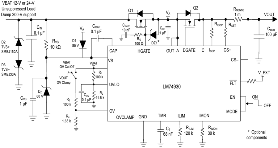 Schéma du circuit d'application - Texas Instruments Contrôleur de diode idéale LM74930-Q1