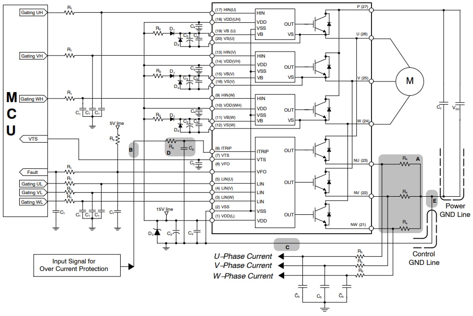 Schéma du circuit d'application - onsemi Modules d’alimentation intelligents NFA3x512L72
