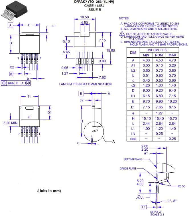 Plan mécanique - onsemi MOSFET NTBG023N065M3S EliteSiC 23 mΩ