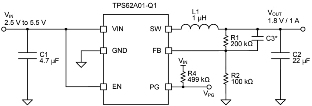 Schéma du circuit d'application - Texas Instruments Convertisseur Buck abaisseur synchrone TPS62A01-Q1