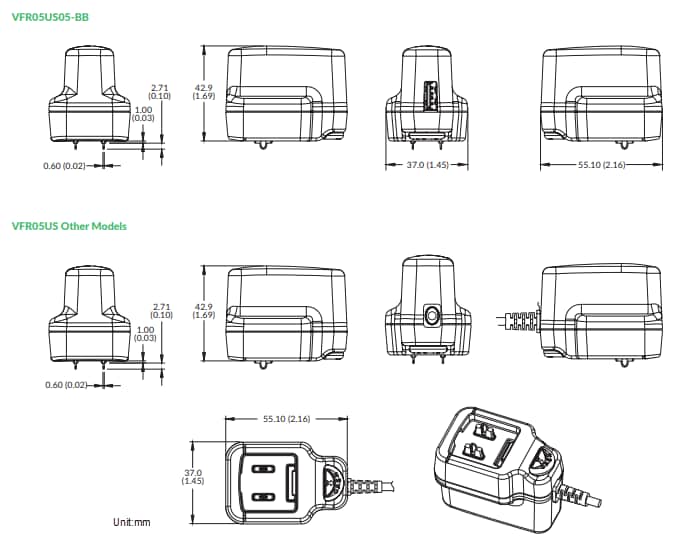 Plan mécanique - XP Power Adaptateurs de montage mural séries VFL05 et VFR05
