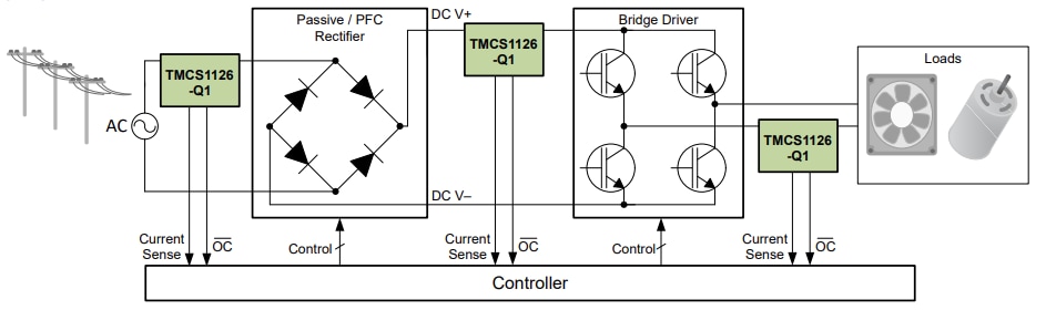 Schéma du circuit d'application - Texas Instruments Capteurs de courant à effet Hall TMCS1126/TMCS1126-Q1 