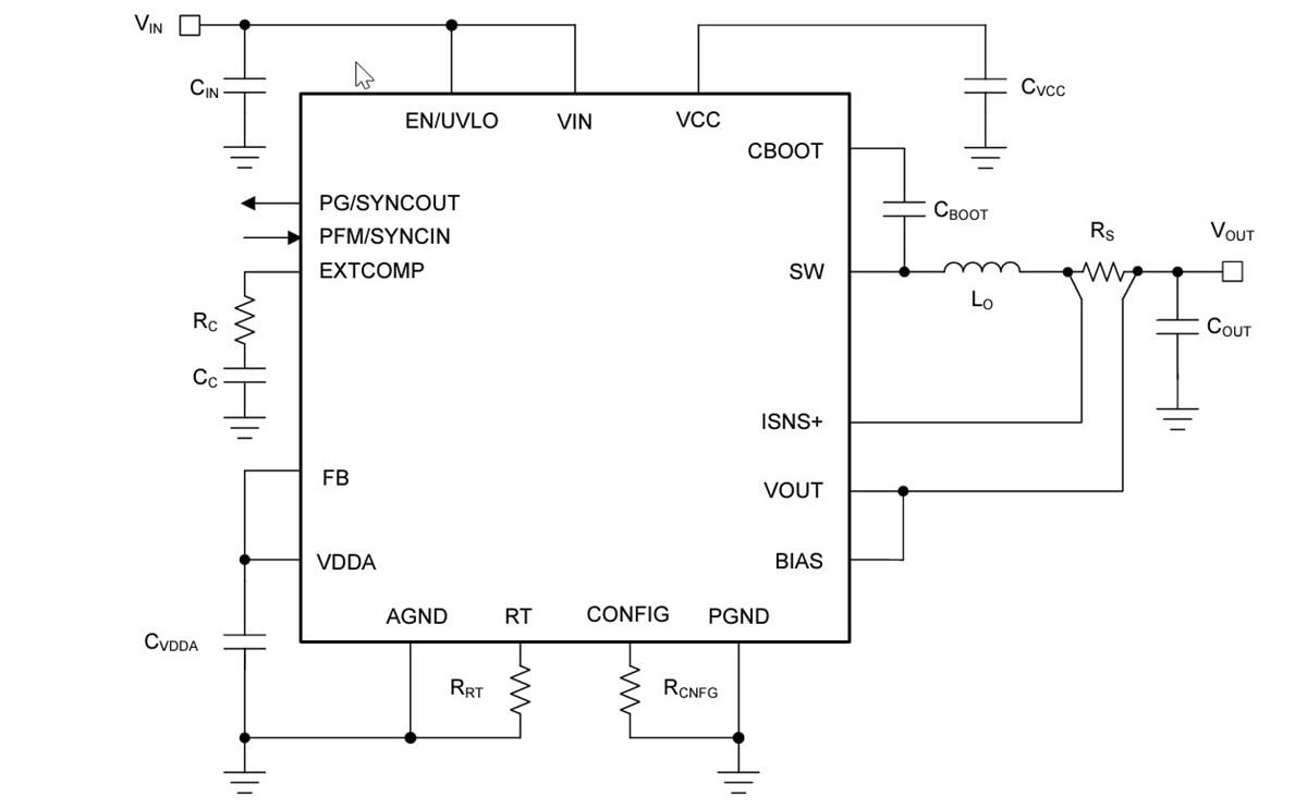 Schéma du circuit d'application - Texas Instruments Convertisseurs Buck LM706x0/LM706x0-Q1