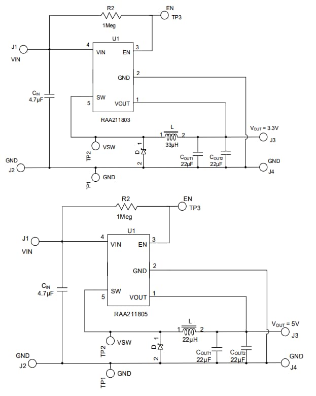 Schéma du circuit d'application - Renesas Electronics Régulateurs abaisseurs CC-CC RAA21180x