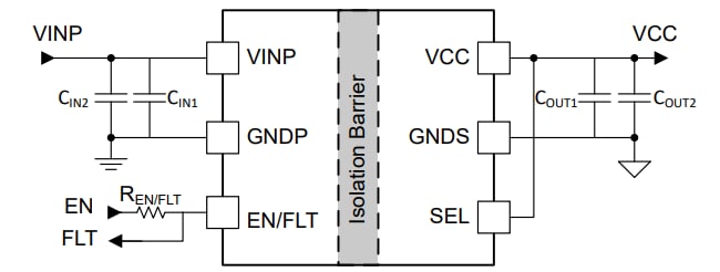 Schéma du circuit d'application - Texas Instruments Modules CC/CC isolés de 1,5 W UCC33420/UCC33420-Q1