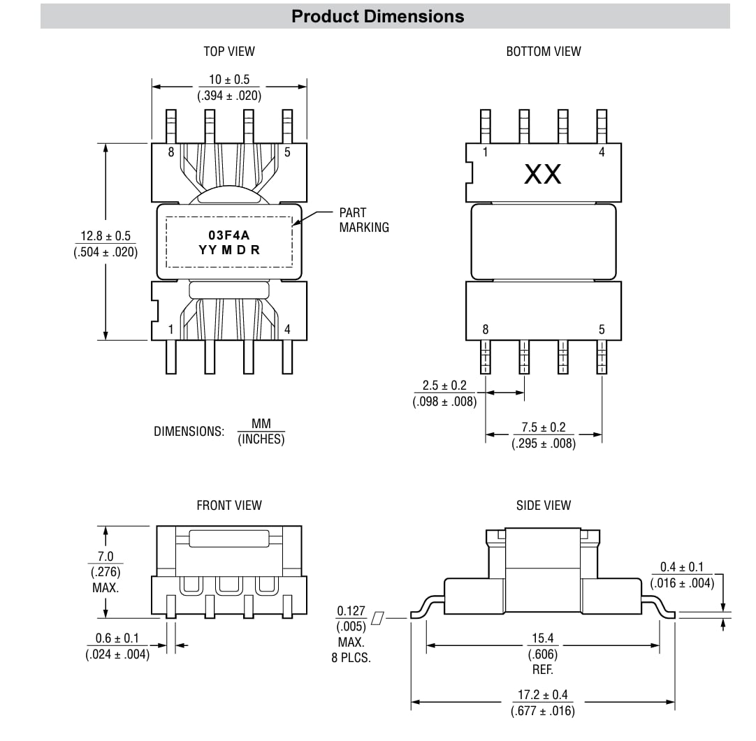 Plan mécanique - Bourns Transformateur de pilote de grille 2 W HVMA03F4A-LP8S