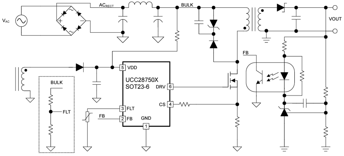 Schéma du circuit d'application - Texas Instruments Contrôleur Flyback en mode courant UCC28750