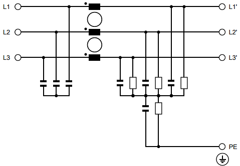Schematic - TE Connectivity / Schaffner FN3040/FN3041/FN3042/FN3043 3-Phase EMC Filters