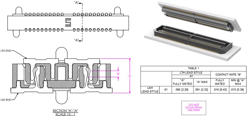 Plan mécanique - Samtec Bande de bornes à lame et faisceau à profil mince 0,50 mm LTH