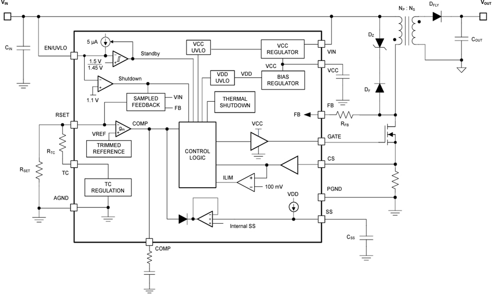 Schéma de principe - Texas Instruments Contrôleur Flyback PSR LM5185/LM5185-Q1